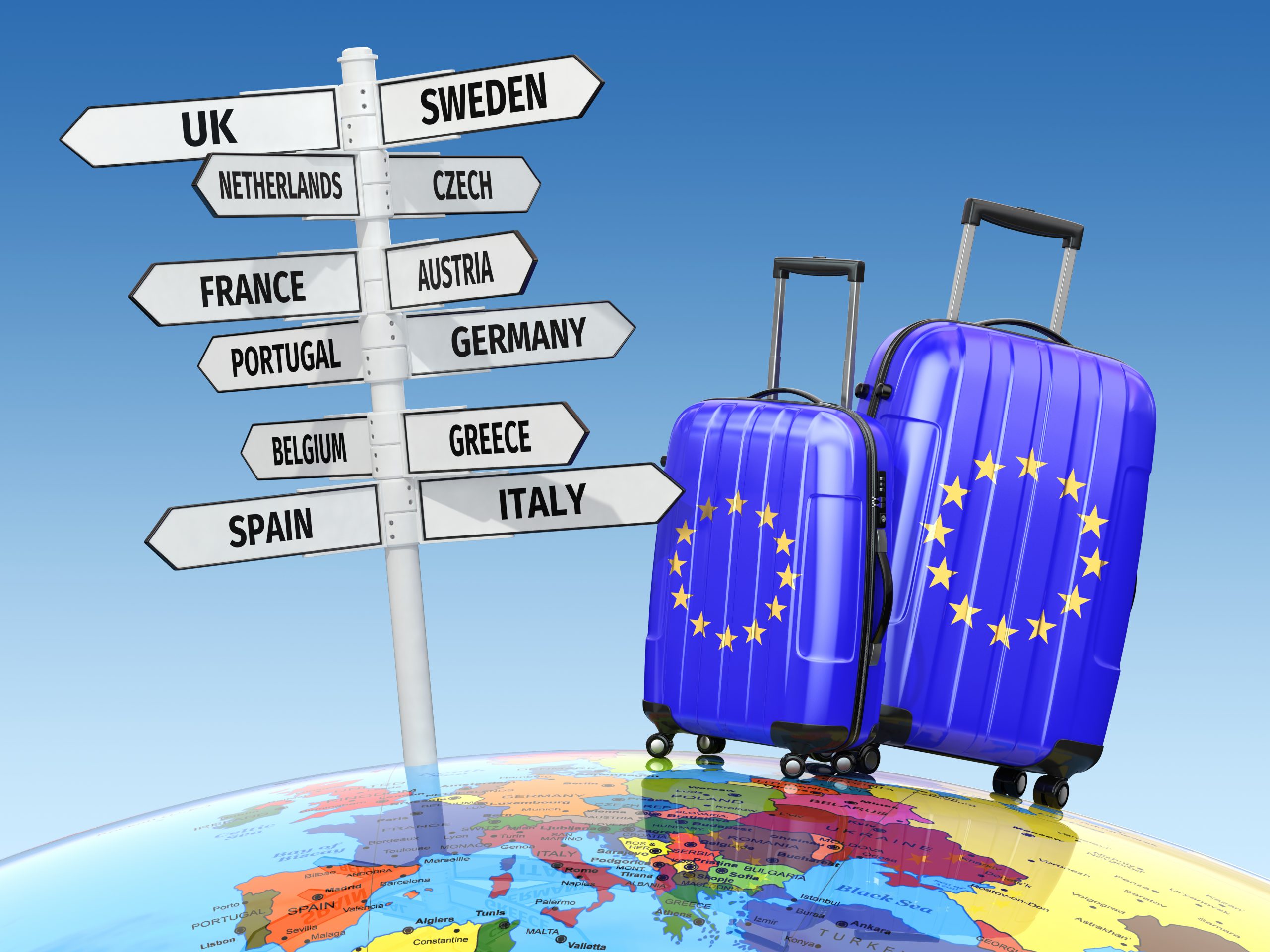 Travel concept. Suitcases and signpost what to visit in Europe. 3d